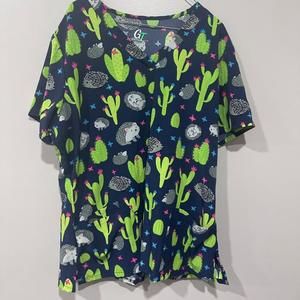 GT Performance Scrubs Top Size XL Blue Green Hedgehog Cactus